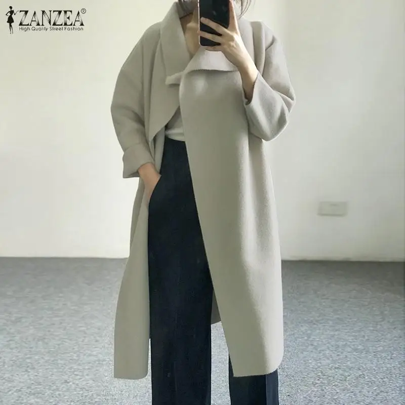 ZANZEA, женские длинные пальто, зимние куртки с отворотом, верхняя одежда с длинным рукавом, пальто с поясом и карманами, Chaqueta Mujer Casaco