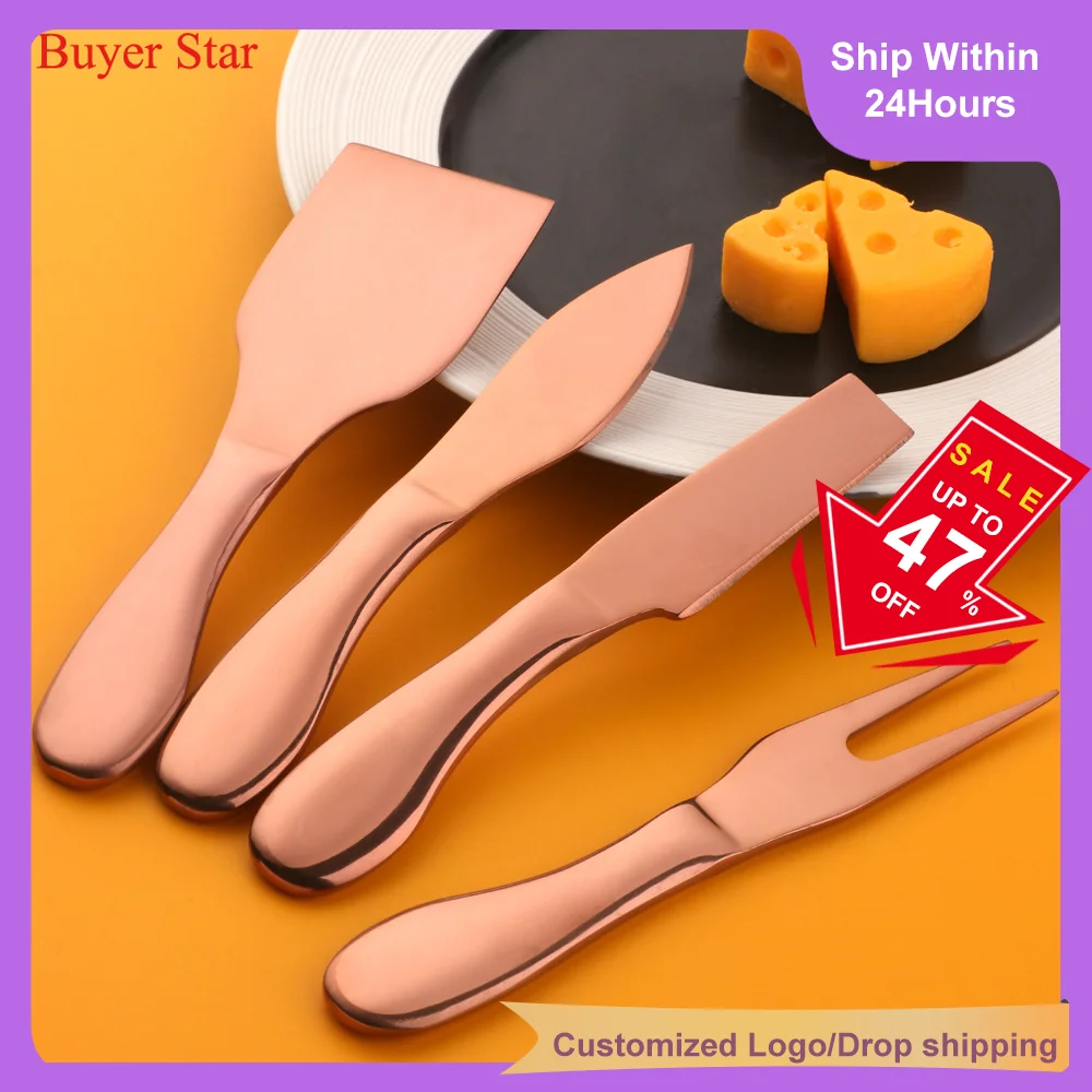 4Pcs/set Gold Cheese server set Stainless steel cutlery Butter Cutter knife table ware forks metal food cake shovel tool