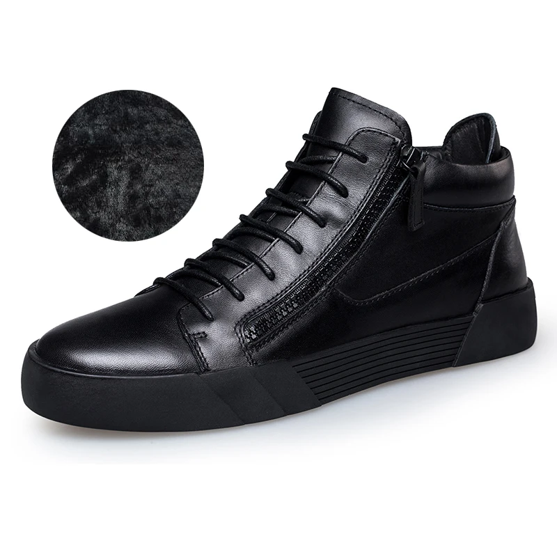 Зимние меховые кожаные кроссовки, мужская Роскошная обувь, Мужская Дизайнерская черная обувь, Мужская модная обувь, обувь на Плоском Каблуке с замком-молнией, слипоны, повседневные кроссовки - Color: Black 16110 Fur