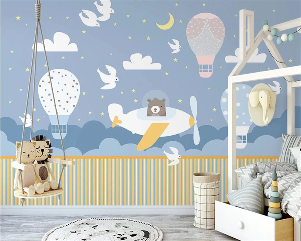 

beibehang Customized Nordic hand-painted airplane starry sky balloon children's room interior background wallpaper papier peint