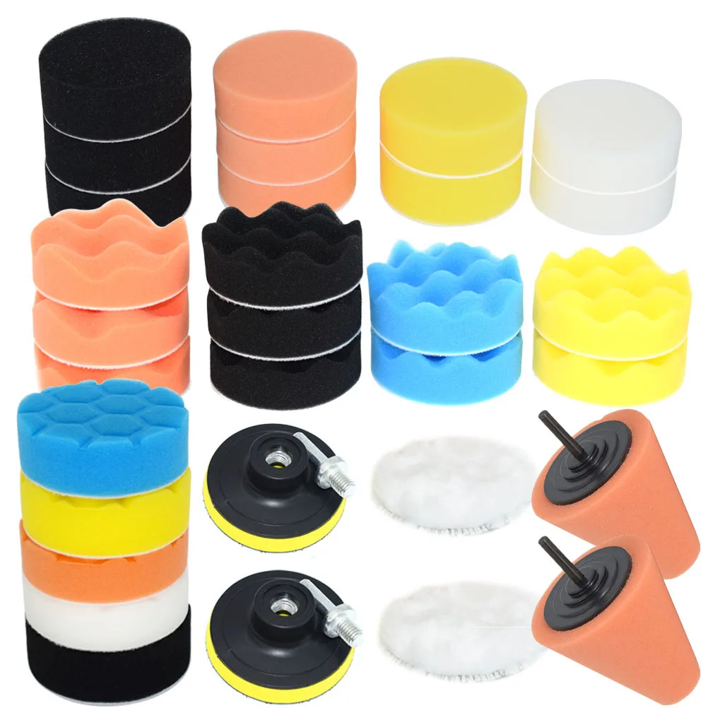 33Pcs Car Foam Drill Polishing Pad Kit for Car Polisher + M10 Drill adapter 3 Inch Waxing Buffing Pads Paint correction Tool Set