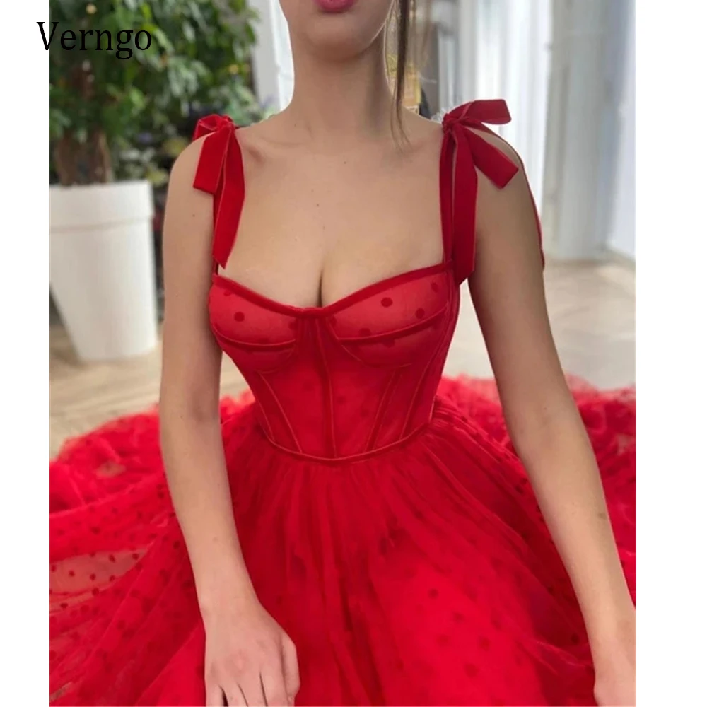 Verngo Red Polka Dots Tulle A Line Evening Dress Spaghetti Straps Tied Bow Shoulder Tea Length Party Graduation Prom Dress