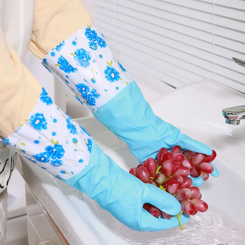 T5246 Household Gloves Brushed Kitchen Wash Dishes Laundry Latex Gloves Durable Rubber Gloves Waterproof Long
