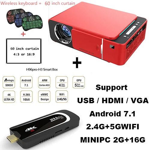 Byjotech T6 1080P светодиодный проектор 3500 люмен 1280x720 Портативный проектор Android 7,1 дома Театр WI-FI 2.4G5G 60 дюймов сенсорный экран - Цвет: H3 Keyboard Curtain