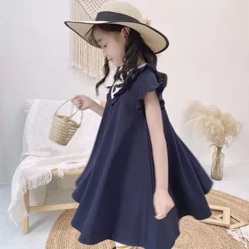 

2020 New Summer Girls Navy Blue Solid Color Formal Banquet Party Dress Princess Frill Sleeve Costume Children 100-160 Kids