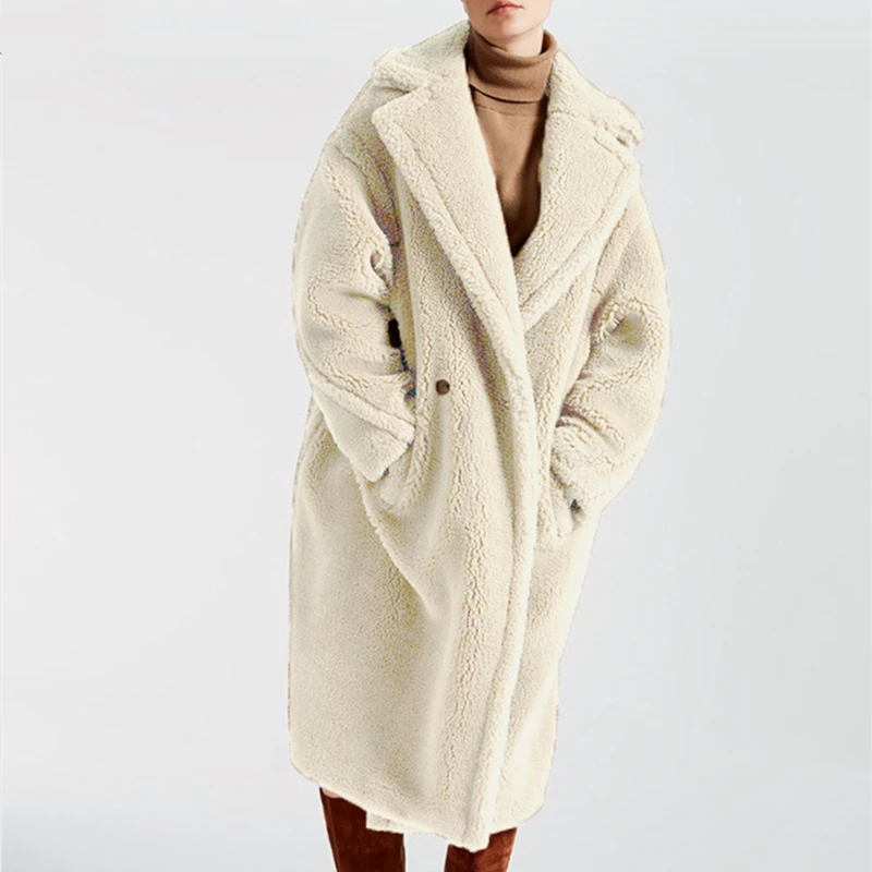 Beige Зимнее женское пальто из искусственного меха, длинное теплое пальто с отворотом, искусственный мех, плюшевый медведь, черная Толстая Меховая куртка размера плюс, женские красные пушистые меховые куртки - Цвет: Beige