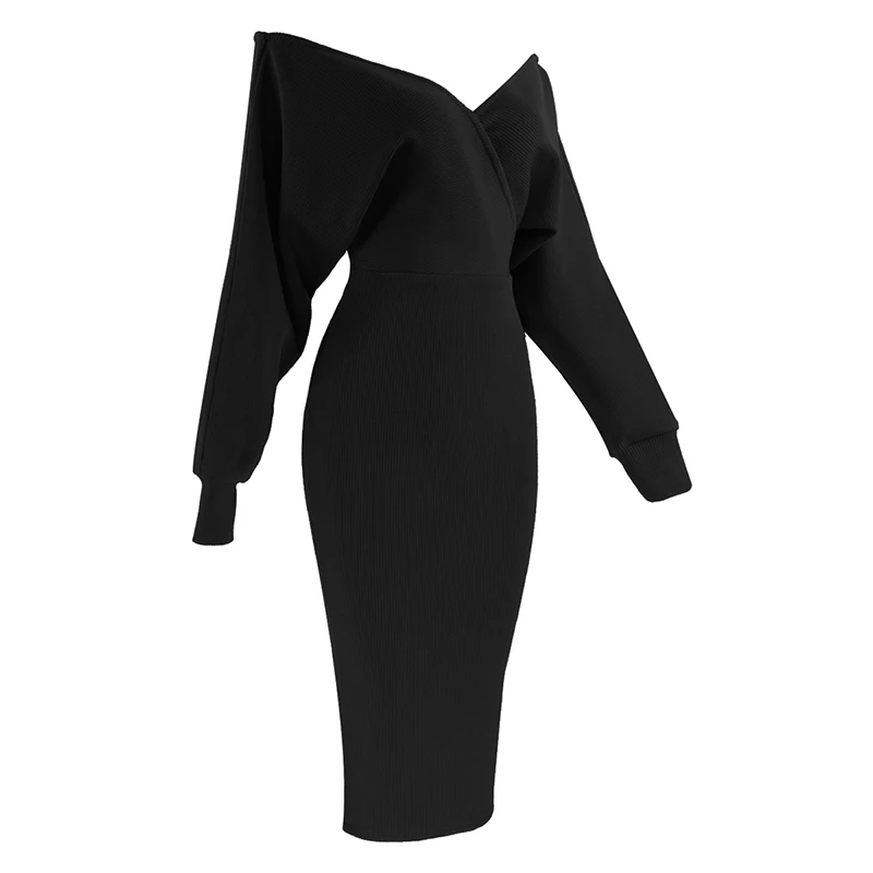 Весеннее женское сексуальное черное Бандажное платье с открытыми плечами и длинным рукавом с глубоким v-образным вырезом элегантное женское облегающее вечернее платье vestidos