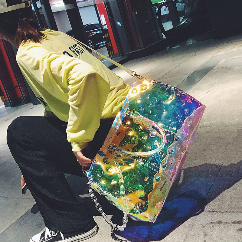 Laser colorful brand travel bag transparent bright luxury reflective fitness luggage bag slung carry on portable suitcase bag