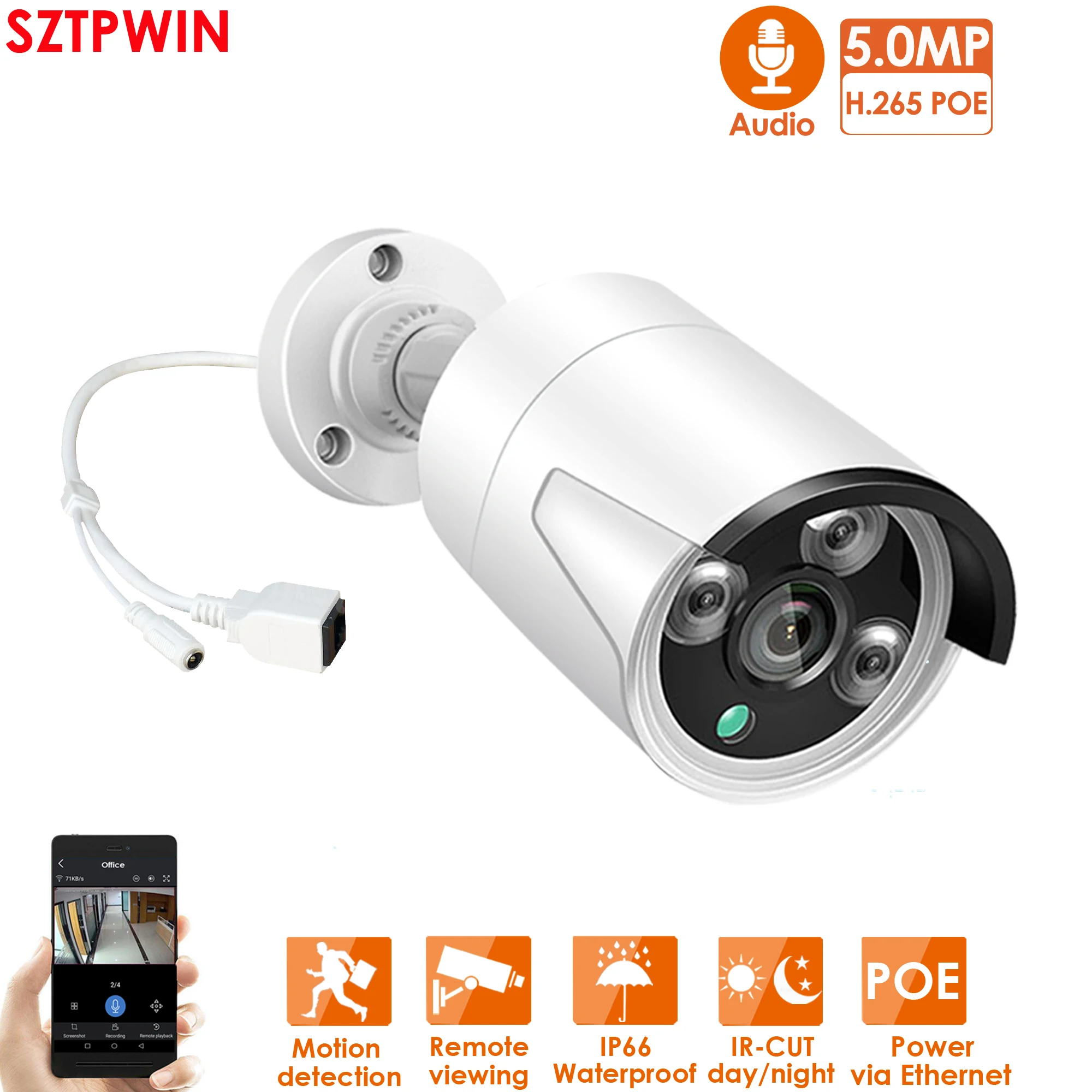 

5.0MP POE IP Camera ONVIF H.265 Audio Record CCTV Camera 5.0mp Waterproof IP66 Outdoor Home Security Video Surveillance