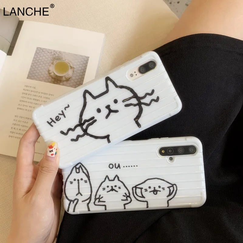 

LANCHE Soft Silicone Phone Cover For Huawei P30 P20 Mate 20 Pro Nova 5 Pro 5i White Trunk Line Cat Case on for Honor 8X 10 v20