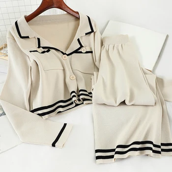 

2020 New Spring Short Cardigan Sweater Tops + High-waist Knitted Wide-Leg Pants Two-Piece Set Women's Loose Trousers Set