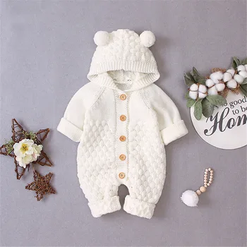 

Cute Baby Rompers Winter Newborn Costume Knitted Long Sleeve Rompers Casual Outfit Infant Hooded Jumpsuit Unisex Baby Romper