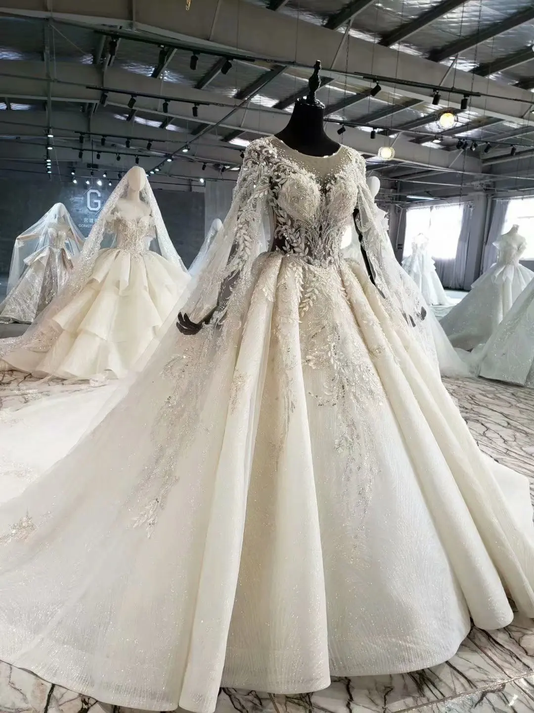 Роскошное вышитое бисером кружевное свадебное платье Vestido Novia Talla Grande Mariage с кристаллами и длинным рукавом, свадебное платье Robe De Mariee Manche Longue
