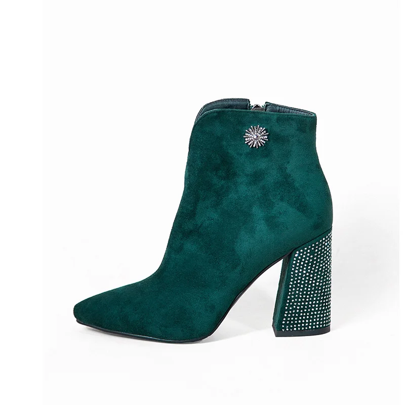 Женская обувь на высоком каблуке 9,3 см; Ботильоны на молнии со стразами; зеленый цвет; натуральная кожа; флок; Bota Feminina - Цвет: Зеленый