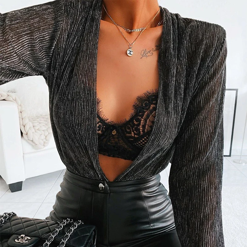 Сексуальный v образный вырез Блестящий женский элегантный комбинезон весенние