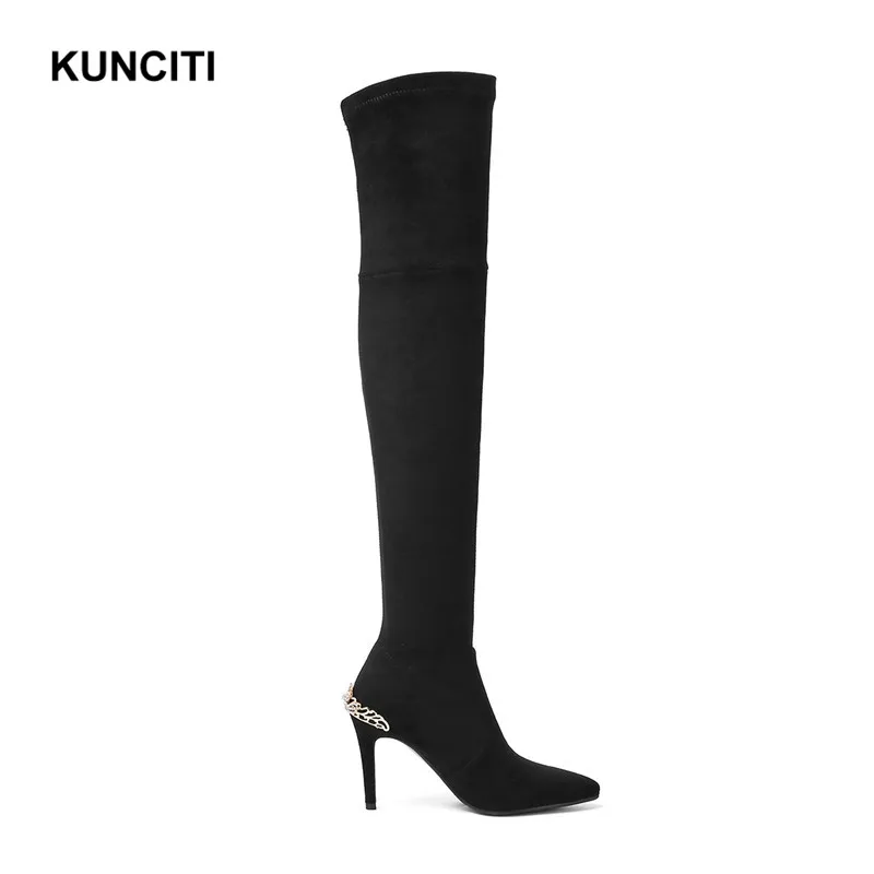 KUNCITI/; облегающие высокие сапоги до бедра; облегающие зимние женские сапоги; женские Сапоги выше колена на высоком каблуке; европейский дизайн; B916