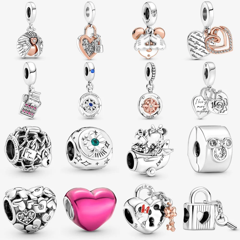 2022 New 925 Sterling Silver Spinning Compass Minnie Heart Dangle Charm Fit pandora Bracelet Heart Lock Beads DIY Jewelry