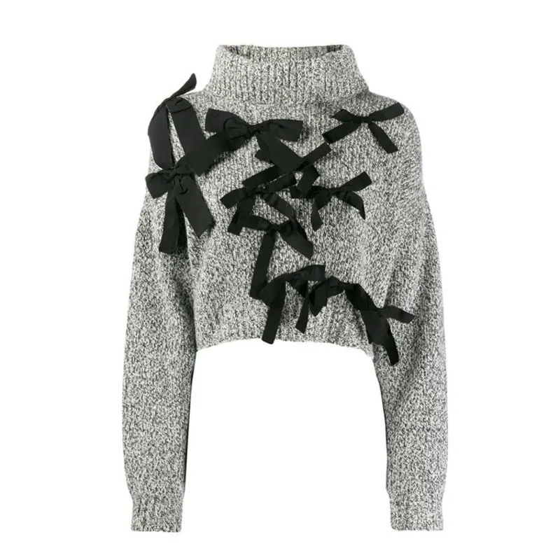 DEAT new autumn and winter fashion women clothes turtleneck lantern sleeves bow embroidery pullover short knits top WJ88202