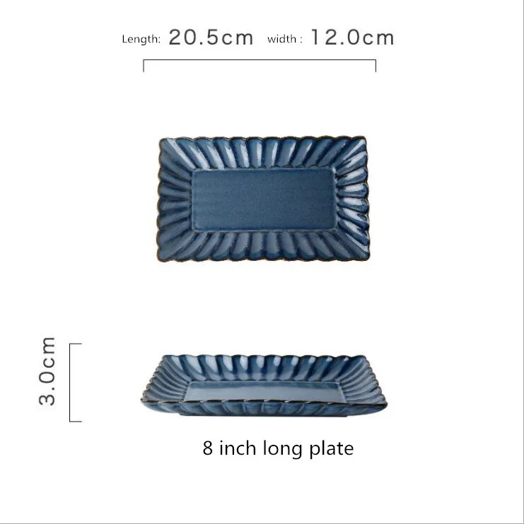 8 inch long plate Ретро Синий лепесток обеденная тарелка керамическая кухонная тарелка посуда набор блюд рисовый салат лапша миска суп кухонный инструмент повара - Цвет: 8 inch long plate