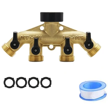 

ABSF 4 Way Brass Hose Splitter, Heavy Duty Garden Hose Connector with 4 Shut-Off Valves 3/4,Pipe Sealant Tape