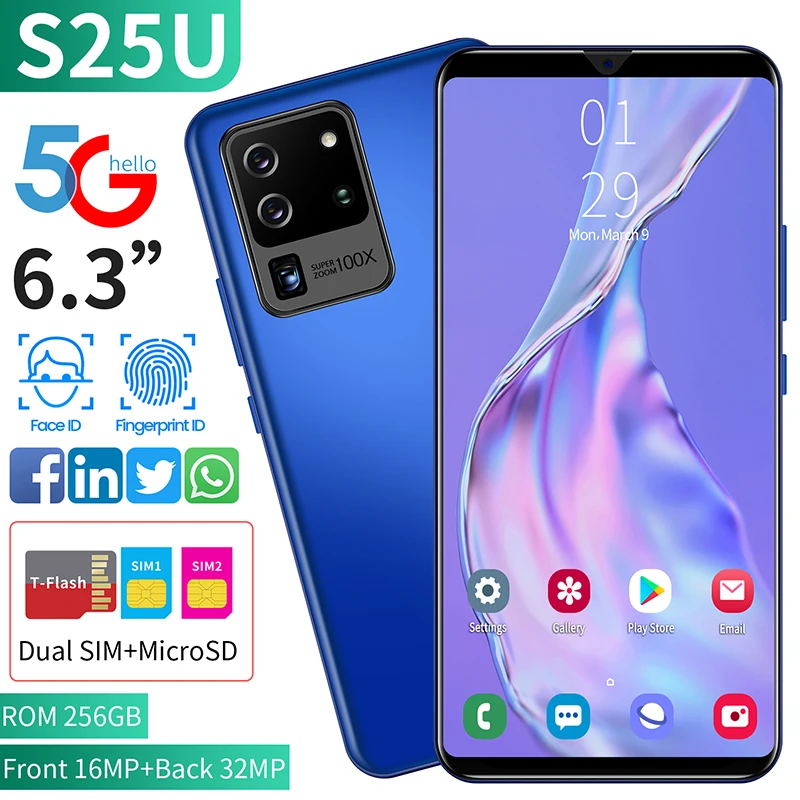 6.3 Inch Full Screen 4800mAh Smart Phone S25U 5G Network  256GB Smartphone Andriod 10 Cell Phone Face ID MT6875 GPS Mobile Phone