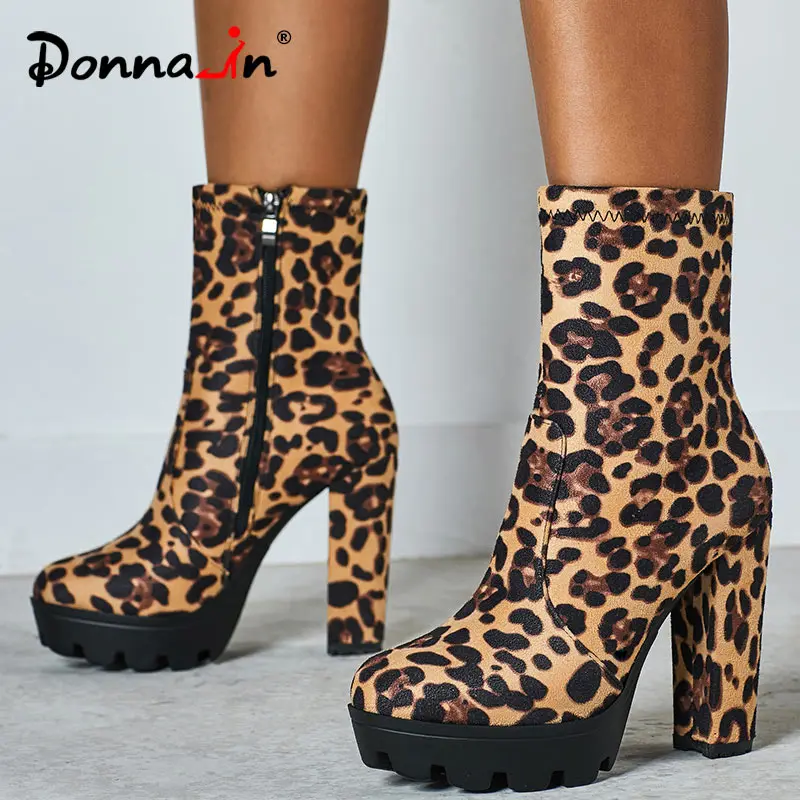 Donnain New Fashion leopard Platform Ankle Boots Women 12cm Thick Heel Platform Boots Ladies Worker Botas Mujer Invierno 2019