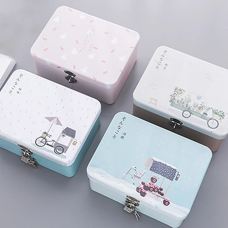 Multifunction Desktop Finishing Lock Storage Box Tinplate Makeup Organizer Drawer Container