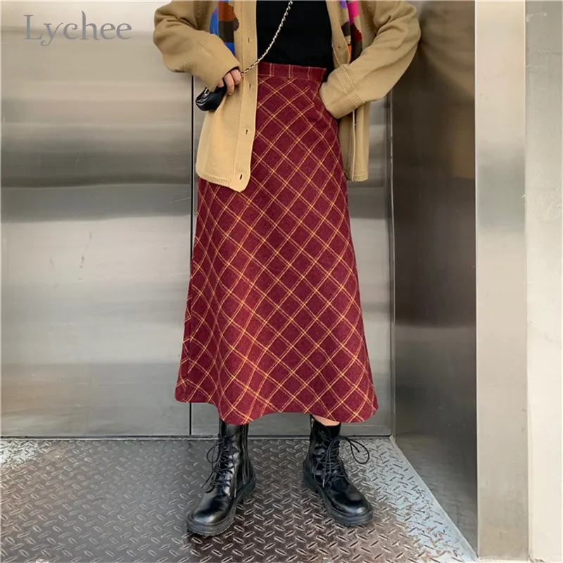 Lychee, Харадзюку, высокая талия, средняя длина, трапециевидные женские юбки, клетчатый принт, Женская юбка, повседневная, свободная, весна, осень, для девушек