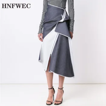 

High Qualiyt Clothes For Women 2020 Summer New Fashion Irregular Contrast Color Patchwork Denim Skirt Flounce Hot R174