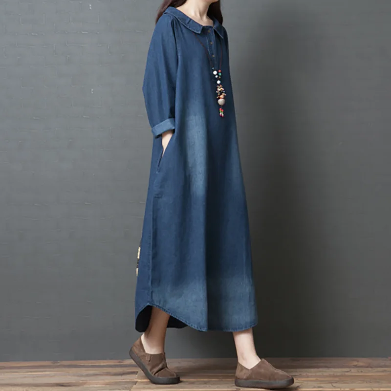 Spring New Denim Long Dress 2021 Loose Turn-down collar Long Sleeve Cotton Blue Dress
