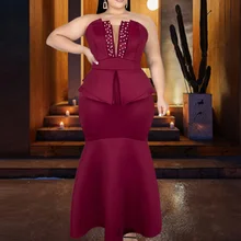 

Mermaid Dinner Party Dress Women Elegant Beading Ruffles Plus Size Long Robe Femme African Sexy Strapless Maxi Red Vestido