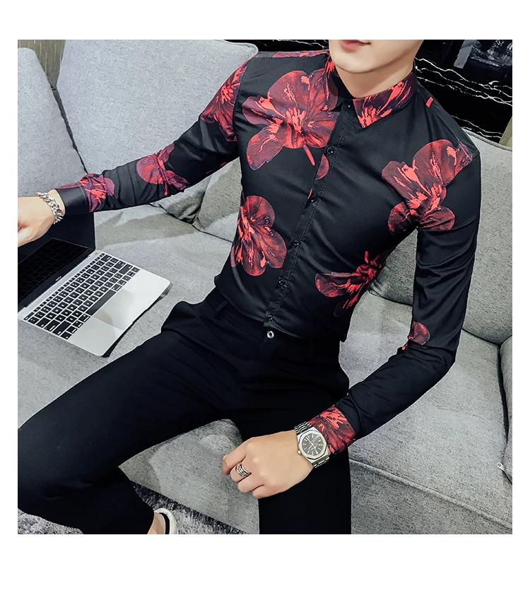 Camisa/Мужская рубашка с цветочным принтом и длинными рукавами; рубашка с цветочным принтом; мужская одежда в городском стиле для мужчин; Клубные вечерние рубашки для свадьбы; мужская рубашка