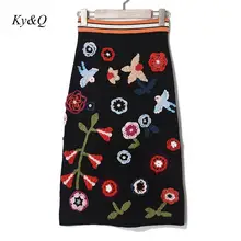 Брендовая дизайнерская женская вязаная шерстяная юбка с аппликацией и вышивкой зимняя винтажная Роскошная прямая миди юбка с высокой талией Элегантная