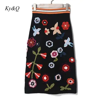 

Brand Designer Women Applique Embroidery Knitted Wool Skirt 2019 Winter Vintage Luxury Straight Midi Skirt High Waist Elegant