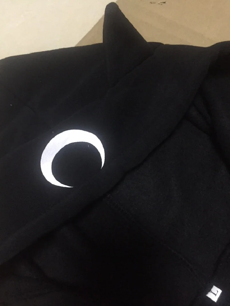  Pentagram Zipper Cute Cat Ears Moon Print Hoodie Long Sweatshirt Black Women Punk Gothic Hoody Ladi