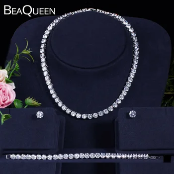 

BeaQueen Classic Women Full 6mm Cubic Zirconia Round Stone Choker Necklace Earrings and Bracelet Wedding Jewelry Sets JS163