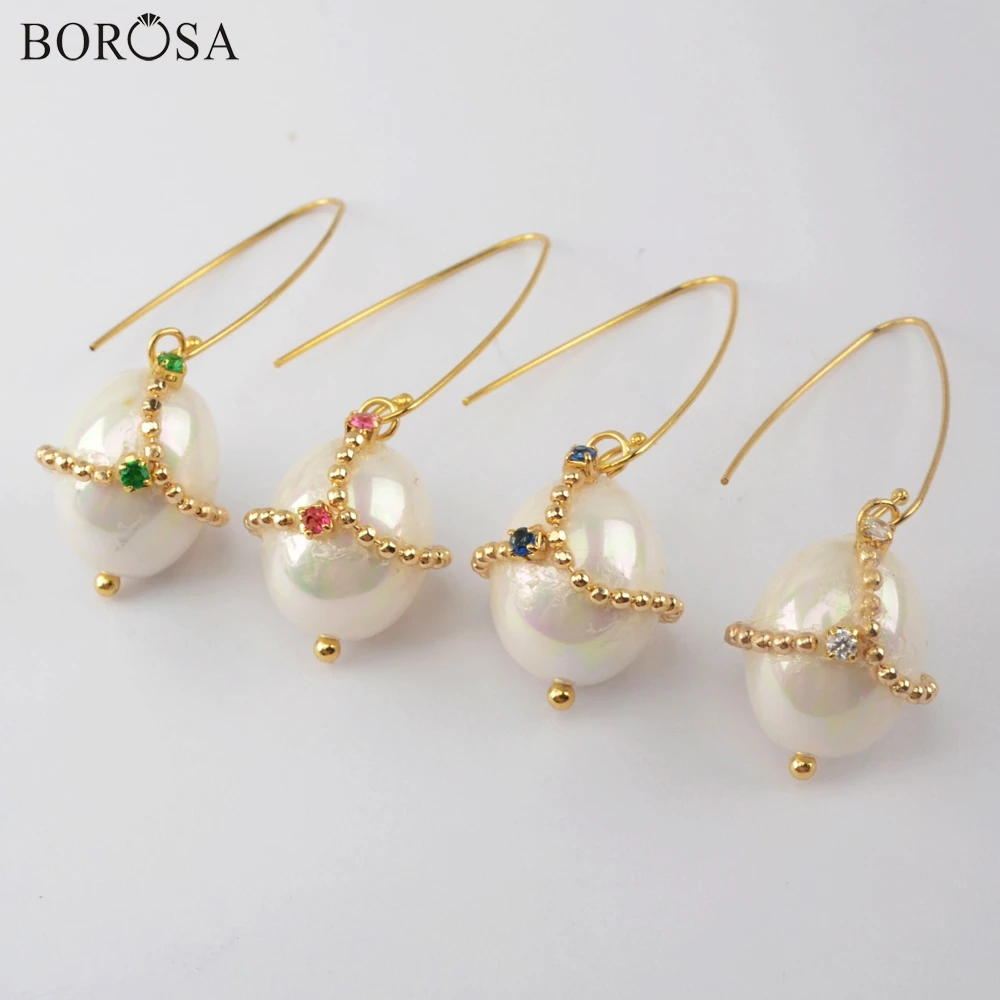 BOROSA, трендовые серьги-капли с жемчугом, циркониевые свисающие серьги с жемчугом для женщин, позолоченные свадебные серьги, ювелирные изделия WX1273-E