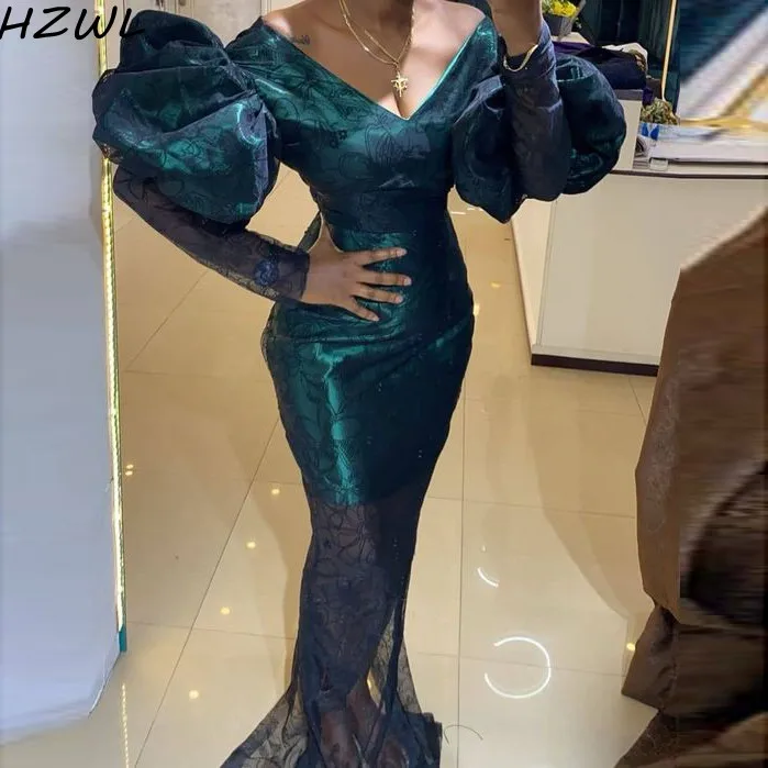 

African Plus Size Prom Dresses Lace robe de soire Puff Full Sleeves V Neck Mermaid Evening Dress Illusion Aso Ebi Party Gowns