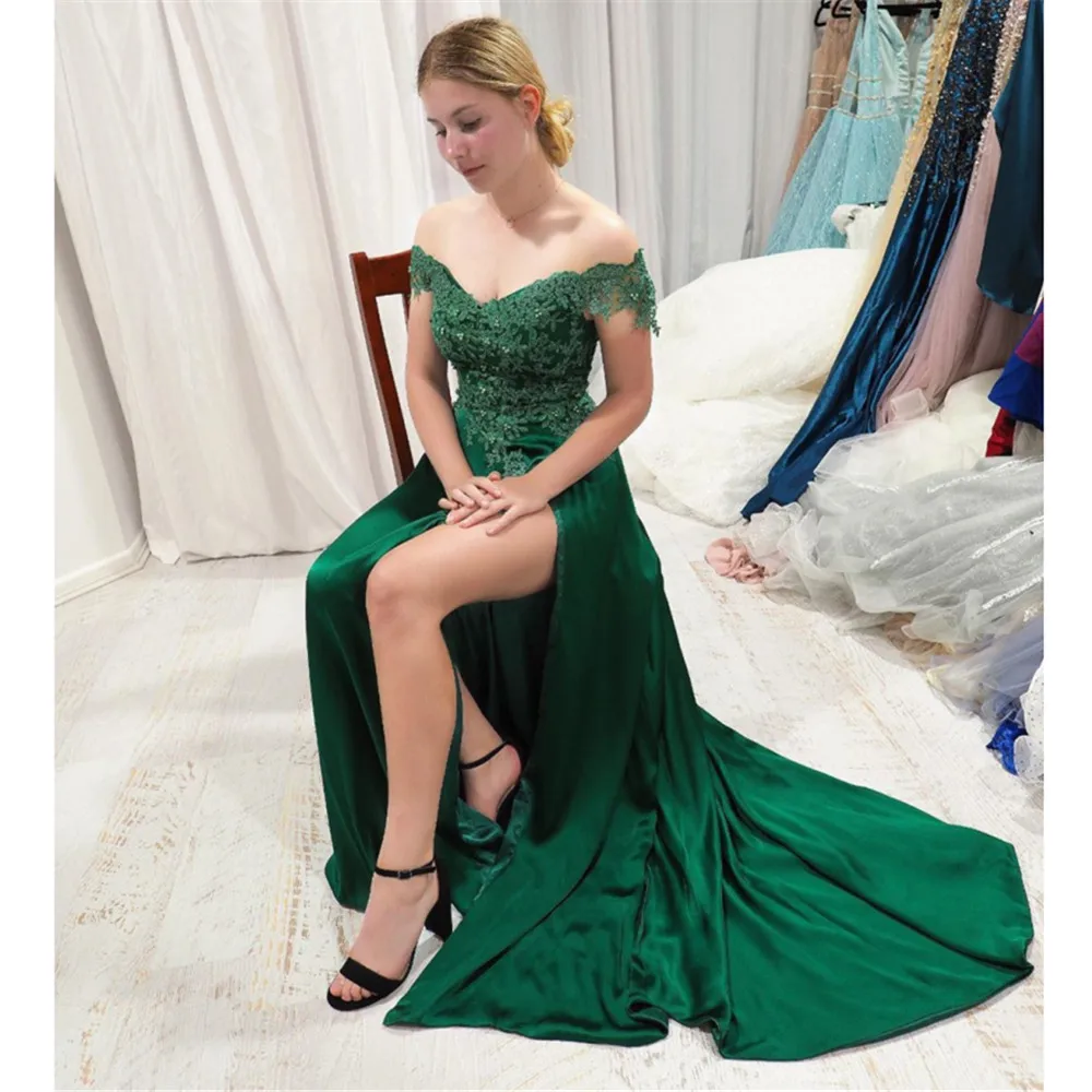 Baijinbai Off Shoulder Lace Evening Dresses Long robe de soiree Appliques A-line Formal Party Gowns Satin Side Slit Prom Dress