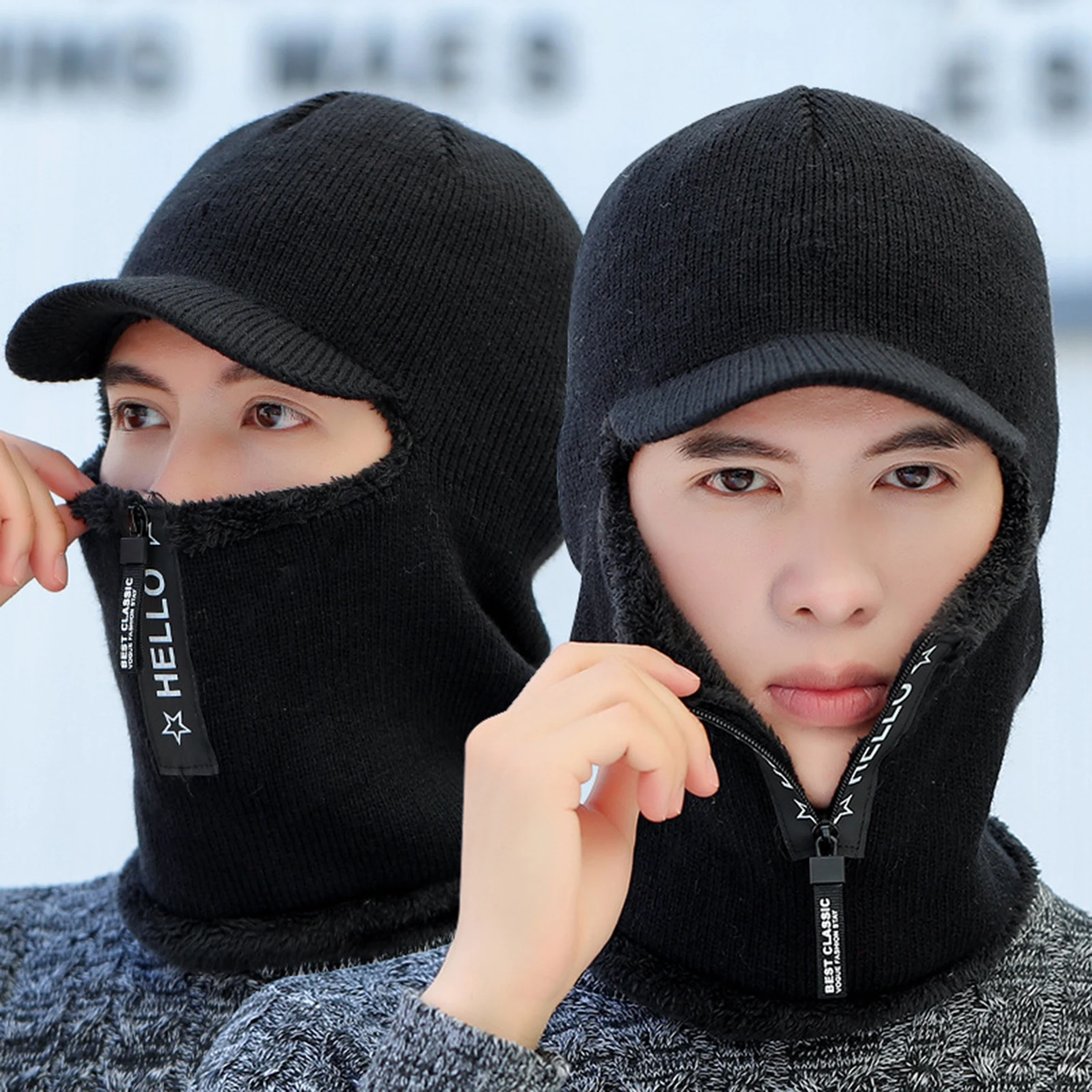

New Men's Winter Knit Hat Fashion Zipper Warm Hats Woolen Riding Cap With Brim Plush Cold-Proof Beanies Scarf Caps