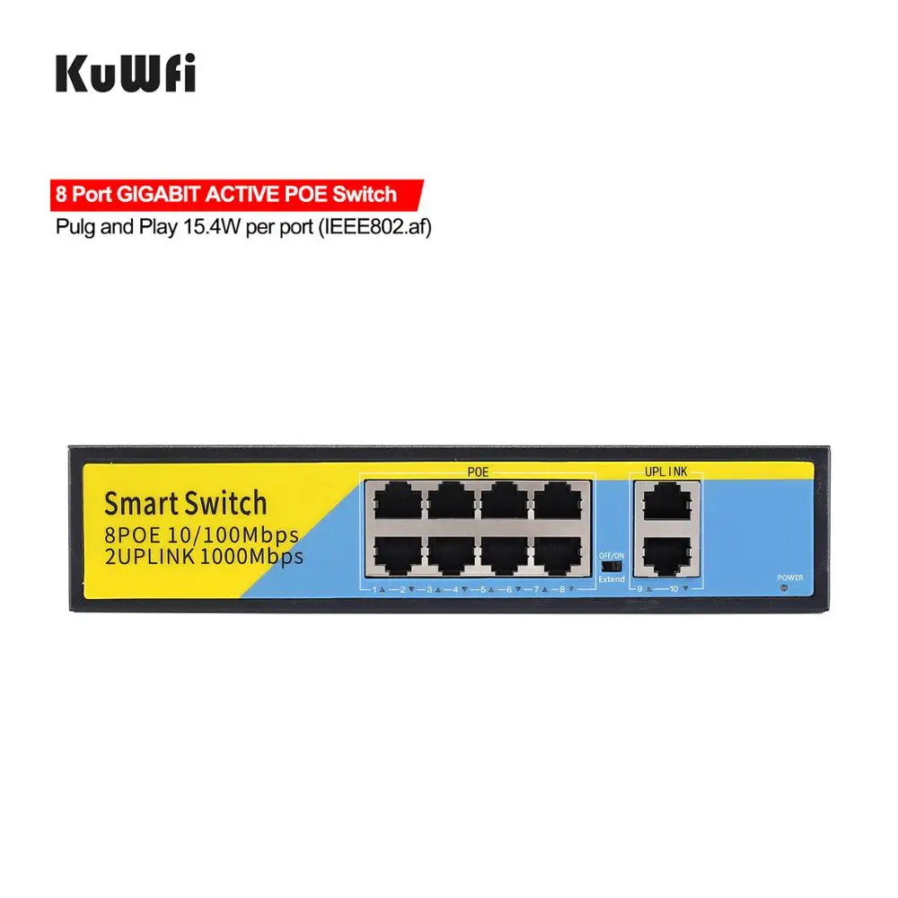 KuWFi 48 В POE коммутатор стандартизированный RJ45 порт IEEE 802 3 af/at 8 портов сетевой Ethernet с