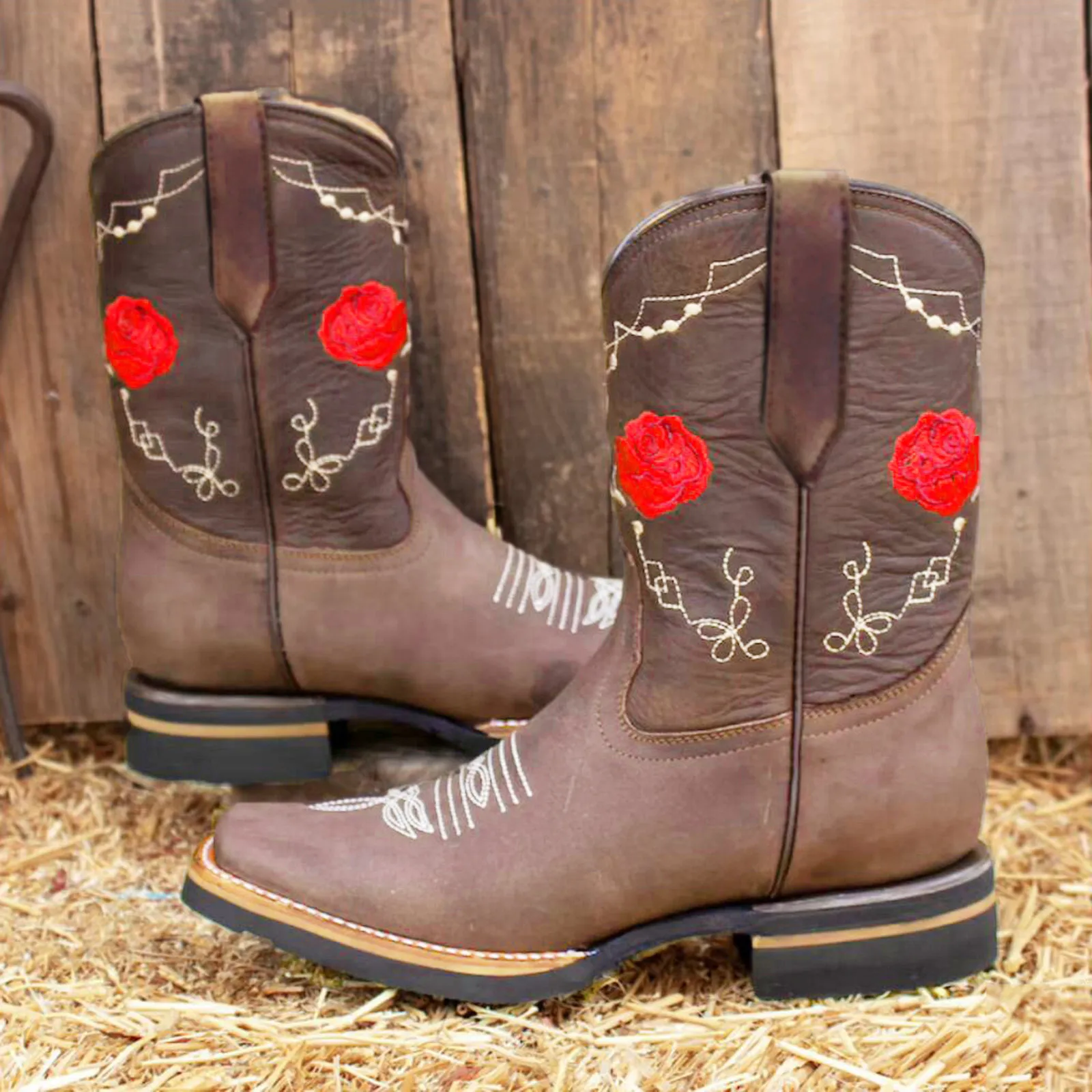 Womens Western Cowboy Mid Calf Rhinestone Pull On Pointed Toe Chunky Heel Boots 