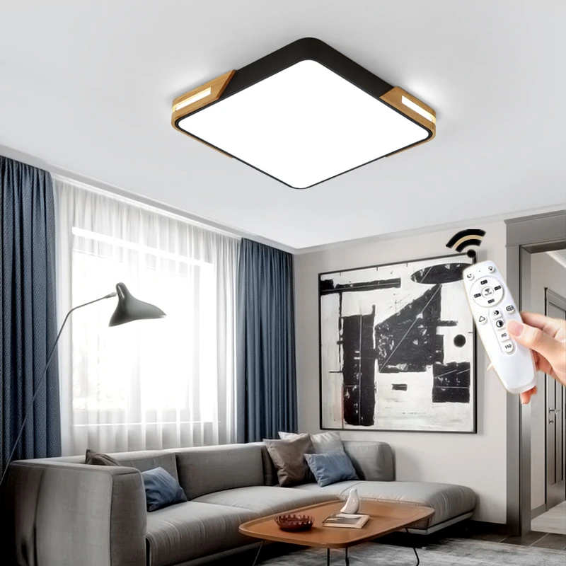 Нордическая Современная квадратная круглая деревянная светодиодная Люстра потолочная лампа с пультом дистанционного управления для гостиной Лофт спальни черный белый
