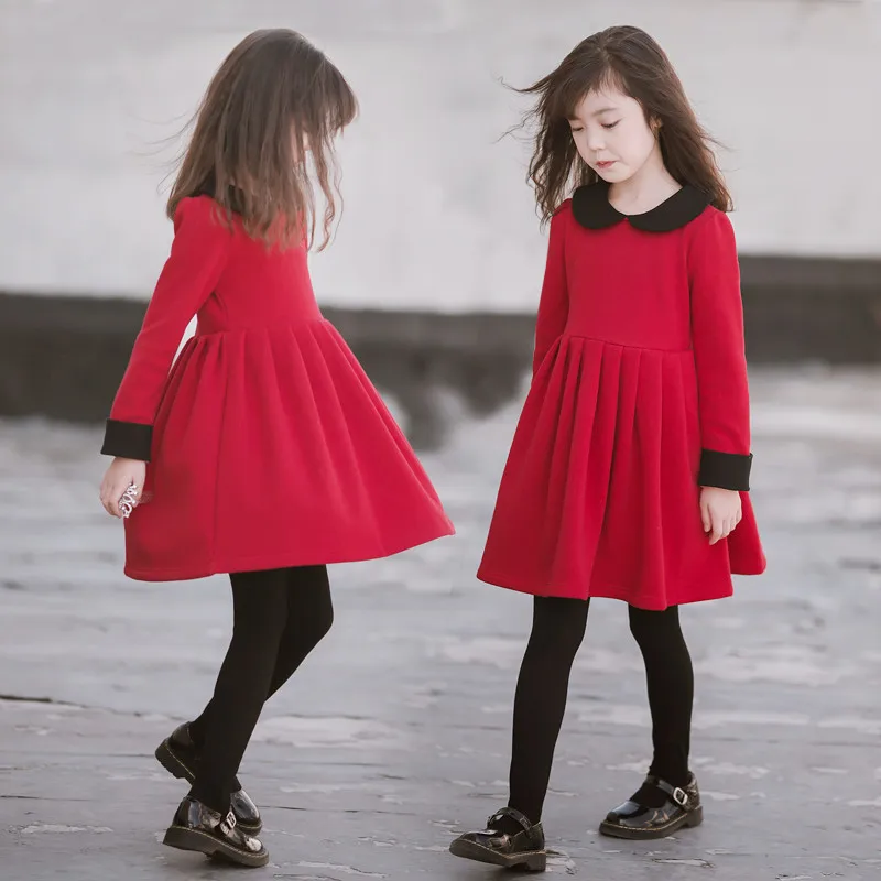 Осенне-зимнее плотное теплое платье для девочек; красные вечерние платья принцессы для детей; бархатная одежда с длинными рукавами для подростков; флисовый костюм для малышей