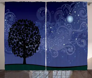 

Starry Night Curtains Tree on a Hill with Star Filled Sky and Moon Milky Way Galaxy Living Room Bedroom Home Window Decor Panel