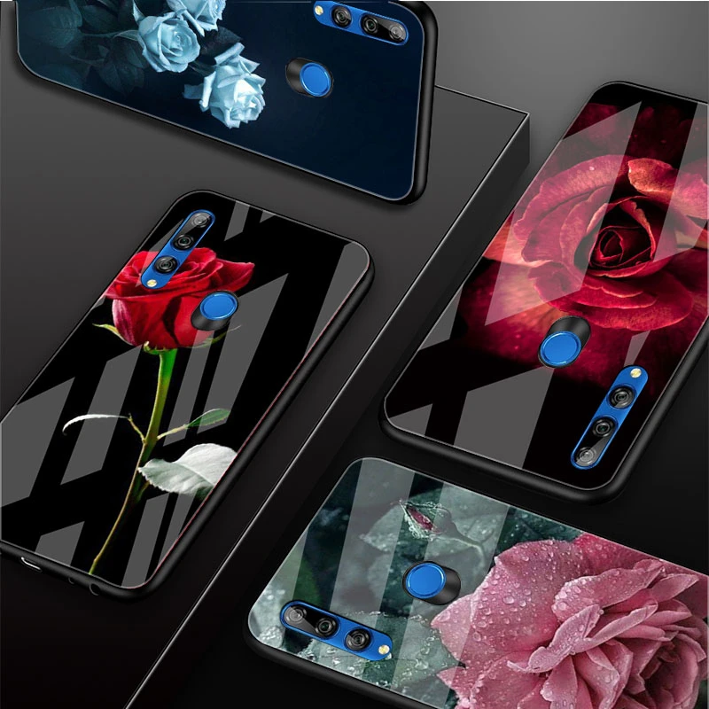 huawei silicone case Flower Rose Tempered Glass Phone Case For Huawei honor 8X 9 10i 20i 20Lite 20Pro 30 Pro Cover Shell pu case for huawei
