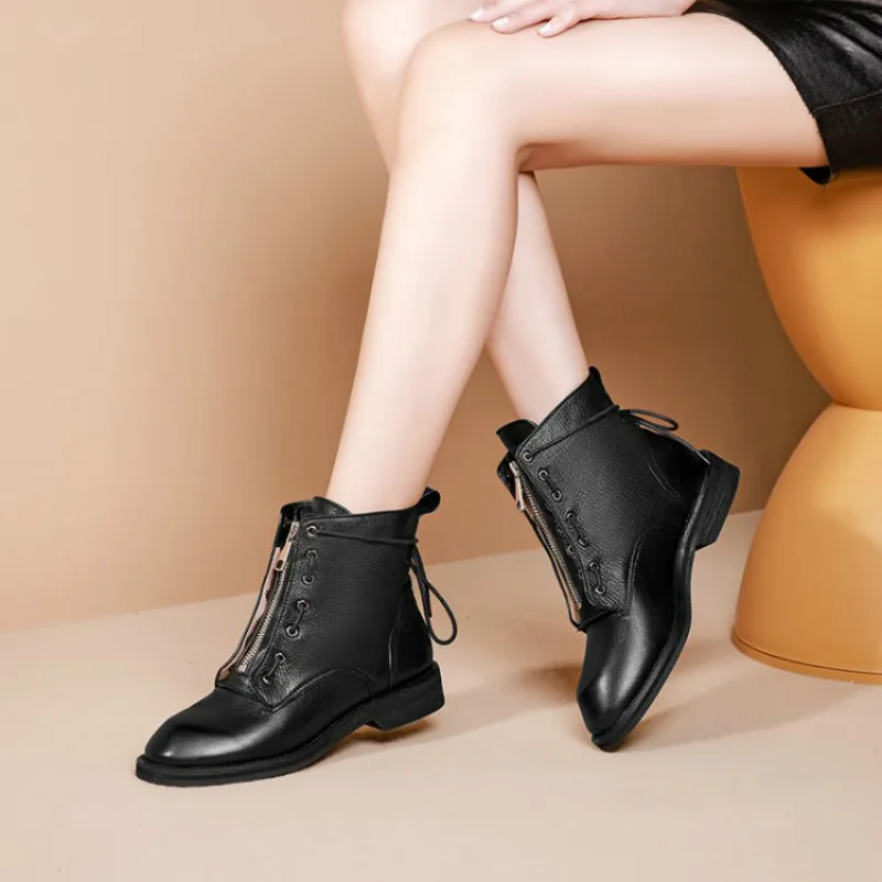 Xiuningyan Fashion Women Martin Boots Genuine Leather Lace Up with Zipper Ankle Boots Handmade Soft Leather Basic Shoes Woman