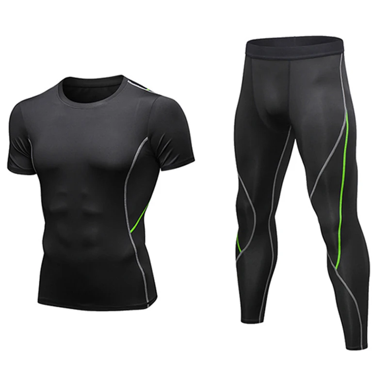Black-Fluores Yellow psvteide Running Set Sportswear Man Sports Suits Men Running Tights Compression Set Men's Tracksuit Fitness Set Men Gym Sets 2ps - Цвет: Black-Fluores Yellow