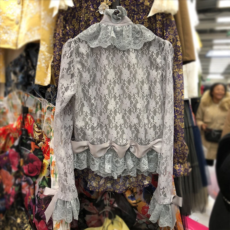  Lace Blouse Women 2020 Spring Autumn New Korean Retro Ruffle Bow Shirt Women's Slim-Fit Lace Shirt 