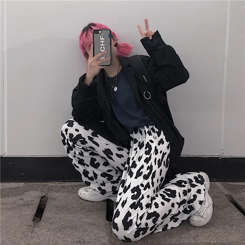 Deeptown Cow Print Wide Leg Pants for Women Korean Style Oversized Women Fashion Pants Harajuku Autumn 2020 Plus Size Trousers
